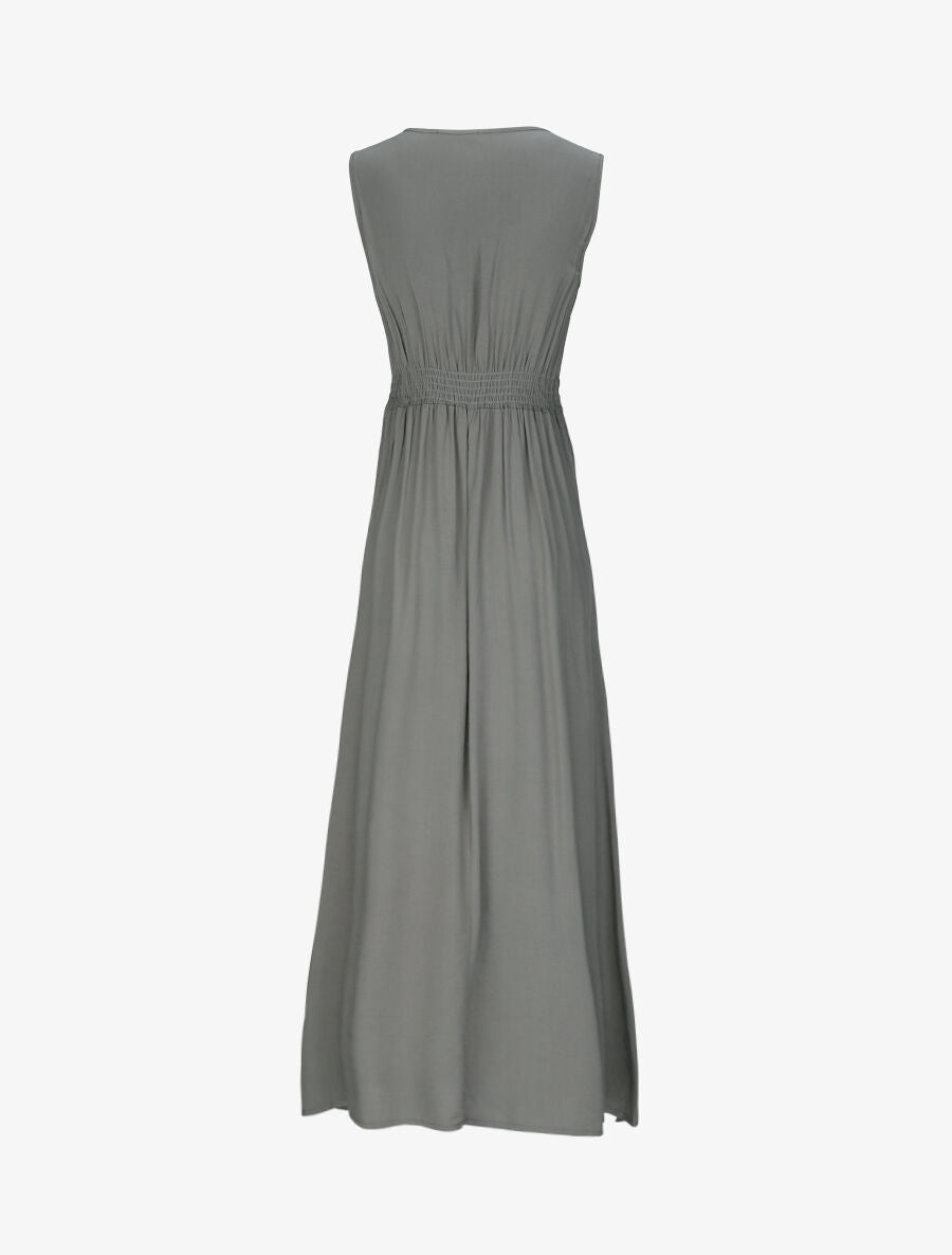 Robe longue évasée unie à col en crochet - Kaki - 2