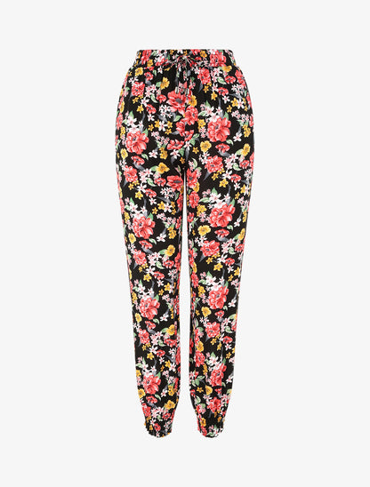 Pantalon fluide imprimé fleurs printanières à bords élastiqués - Noir - 1