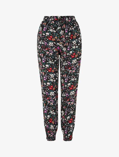 Pantalon fluide imprimé petites fleurs à bords élastiqués - Noir - 4