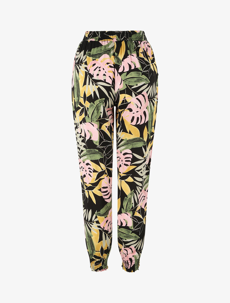 Pantalon fluide imprimé fleurs tropicales à bords élastiqués - Noir - 2