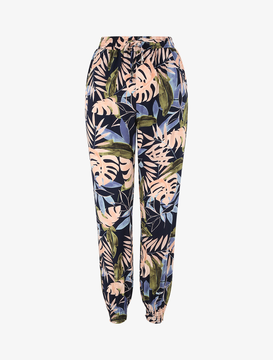 Pantalon fluide imprimé fleurs tropicales à bords élastiqués - Marine - 1