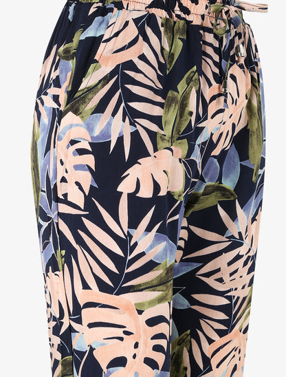 Pantalon fluide imprimé fleurs tropicales à bords élastiqués - Marine - 3