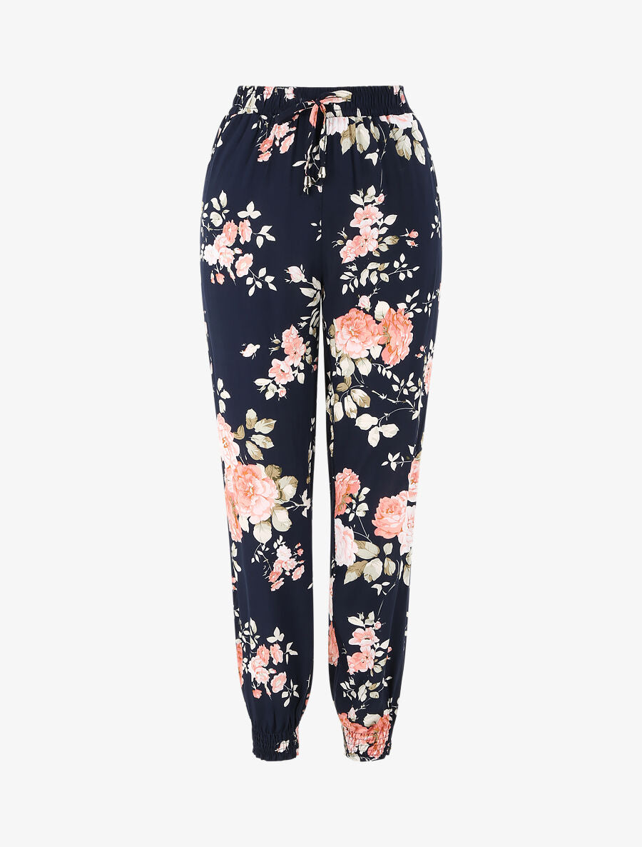 Pantalon fluide imprimé fleuri à bords élastiqués - Bleu nuit - 4
