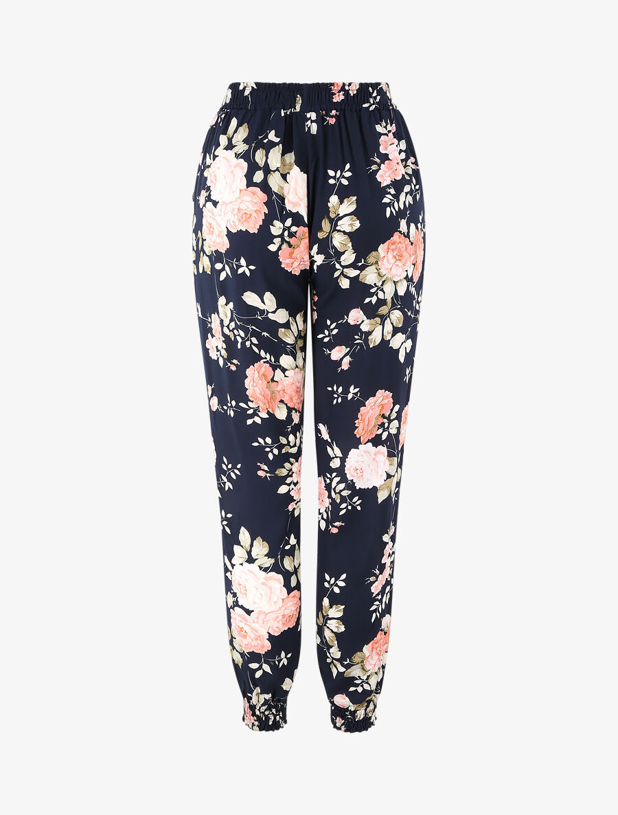 Pantalon fluide imprimé fleuri à bords élastiqués - Bleu nuit - 2