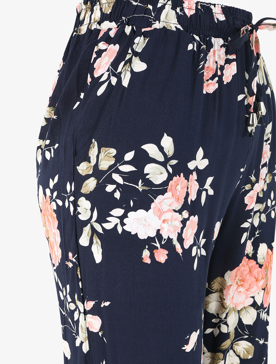 Pantalon fluide imprimé fleuri à bords élastiqués - Bleu nuit - 3