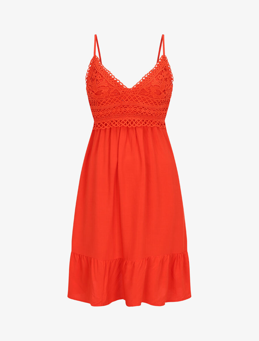 Robe courte à bretelles et dentelle - Corail - 1