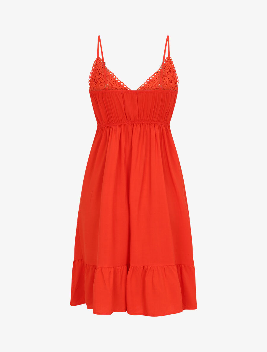 Robe courte à bretelles et dentelle - Corail - 2