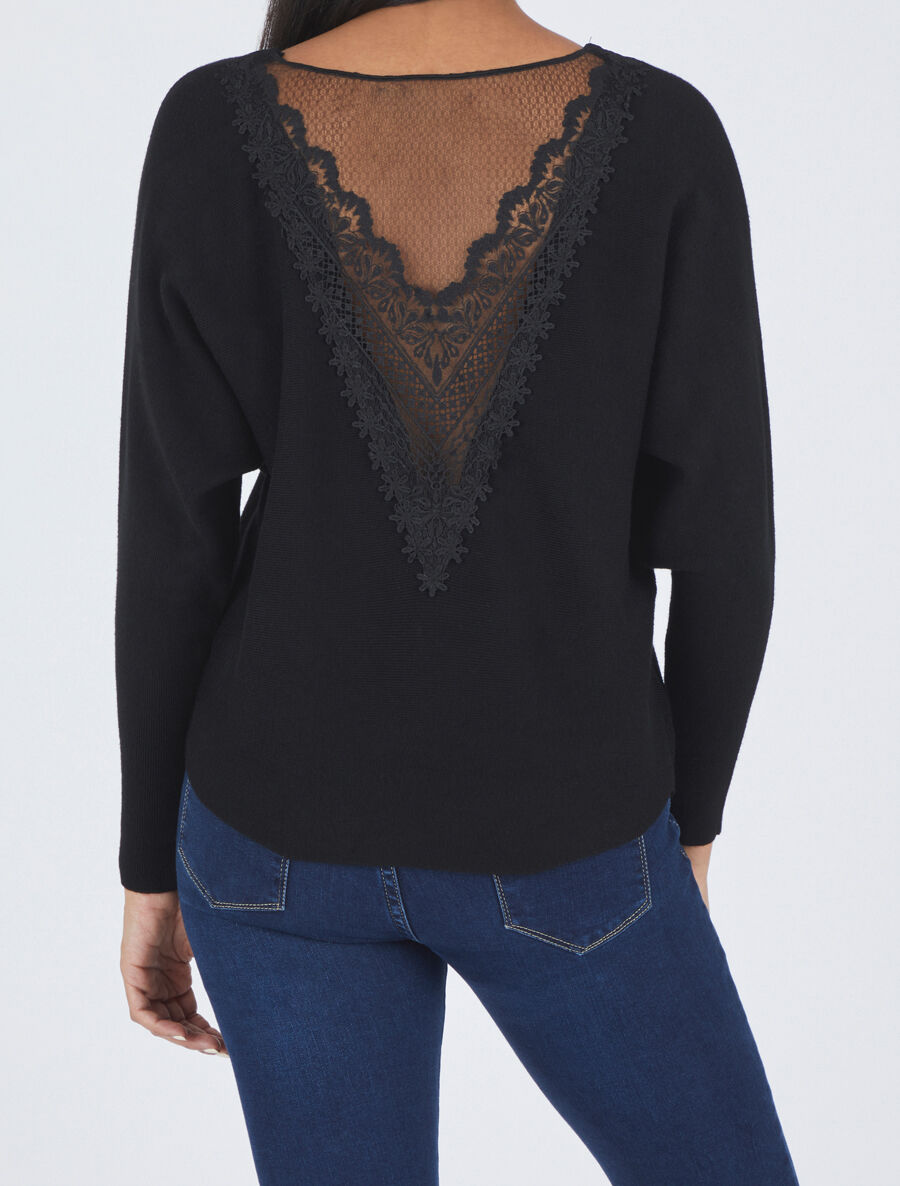 Pull à dos en dentelle - Noir - 1
