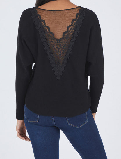 Pull à dos en dentelle - Noir - 1