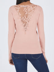 Pull fin à dos en dentelle - Rose - 1