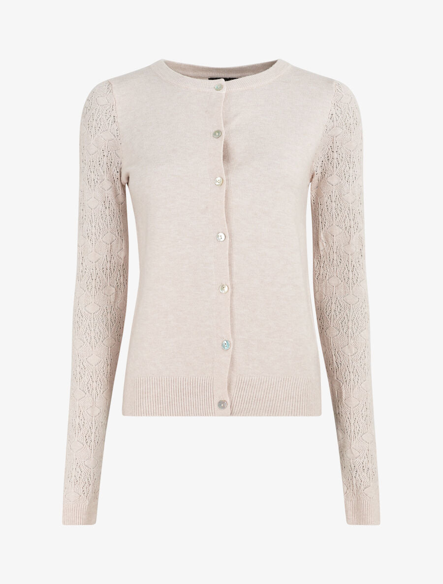 Gilet droit à manches en maille fantaisie - Beige - 1