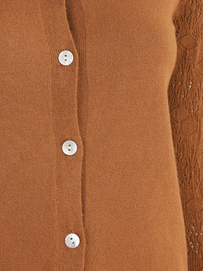 Gilet droit à manches en maille fantaisie - Camel - 3