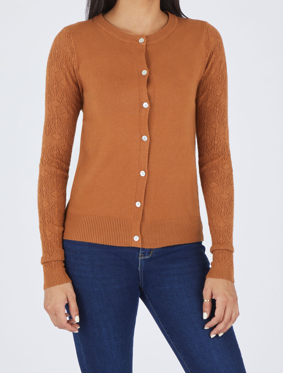 Gilet droit à manches en maille fantaisie - Camel - 4