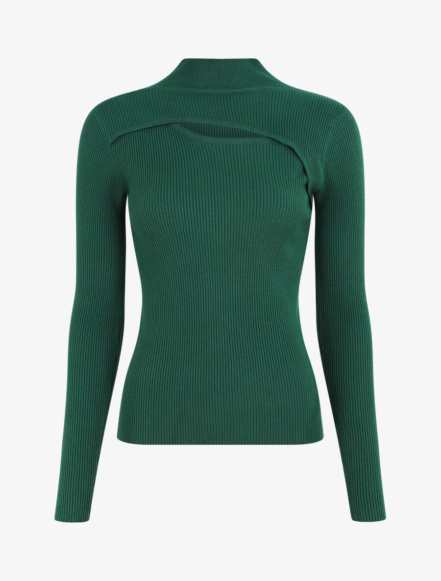 Pull col montant et décolleté ajouré - Vert - 1
