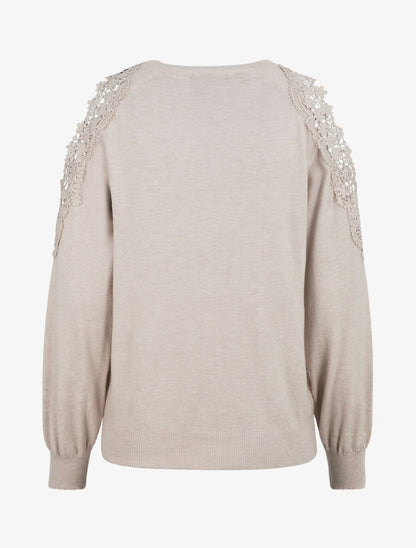 Pull épaules ajourées en dentelle - Beige - 3