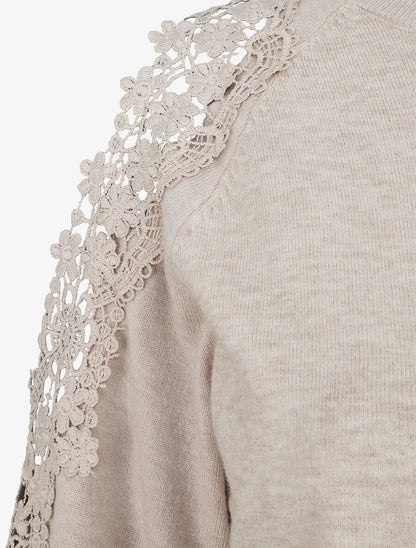 Pull épaules ajourées en dentelle - Beige - 4