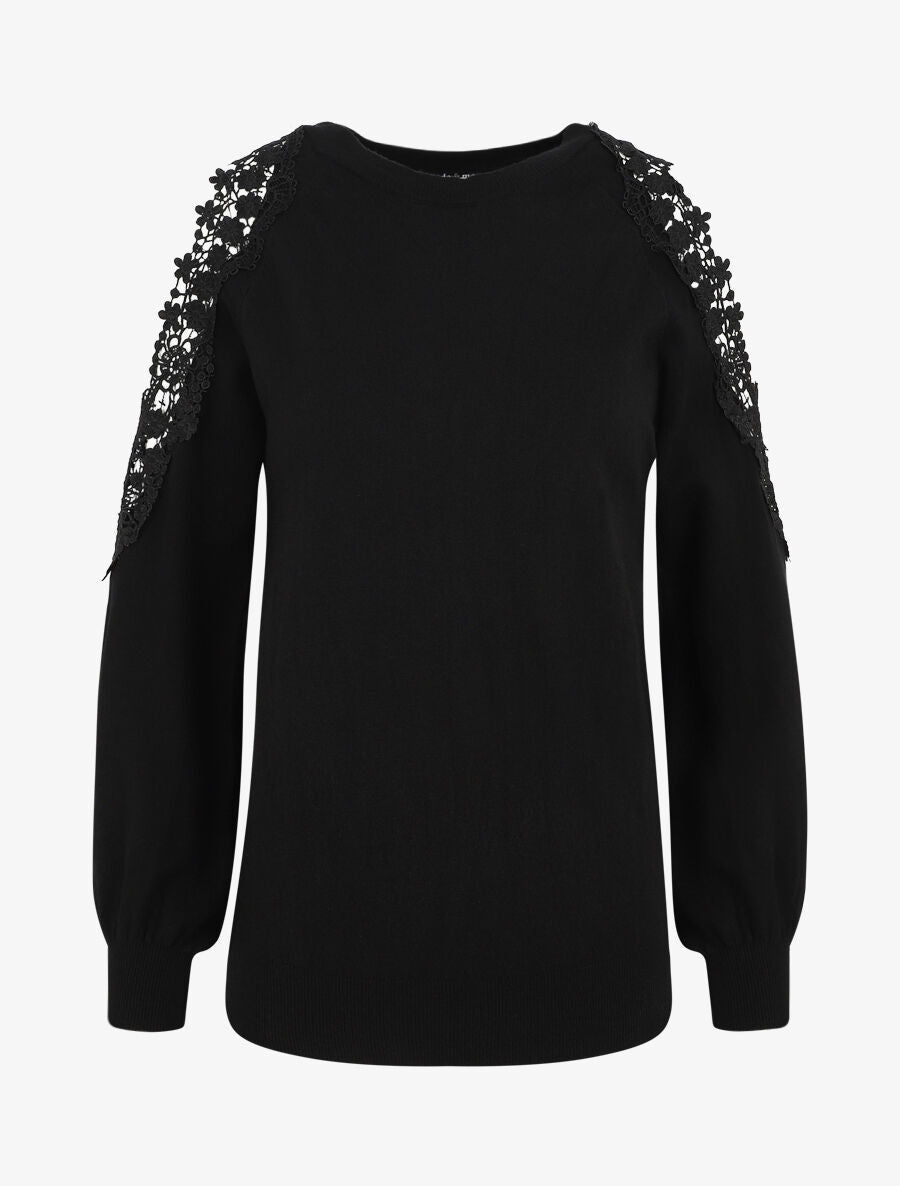 Pull épaules ajourées en dentelle - Noir - 5