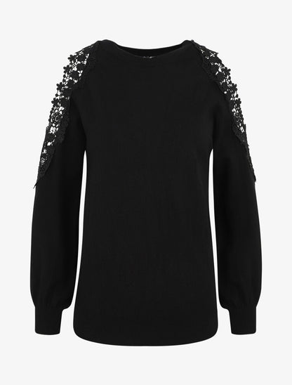 Pull épaules ajourées en dentelle - Noir - 5