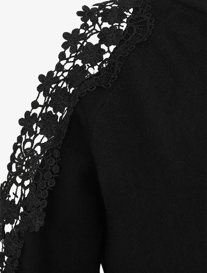 Pull épaules ajourées en dentelle - Noir - 4