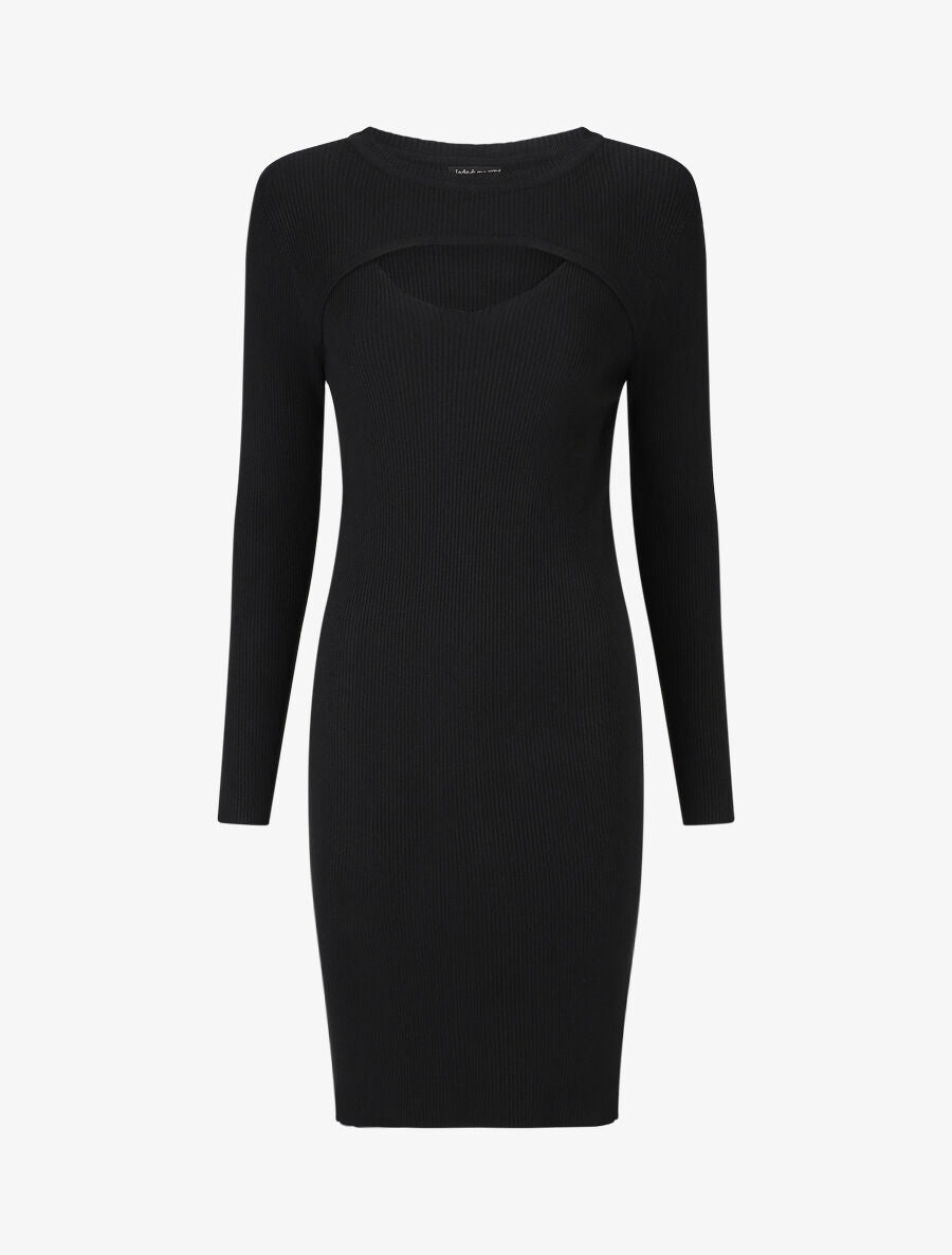 Robe mi-longue côtelée à décolleté ajouré - Noir - 1