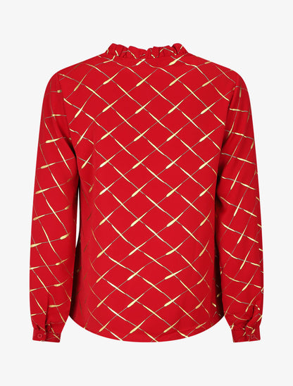 Blouse col V à imprimé dorés - Rouge - 2