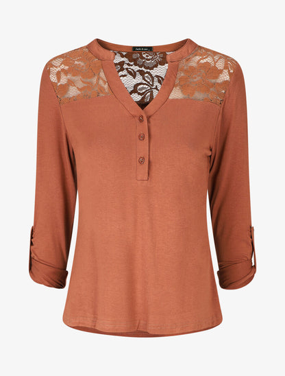 Top uni manches longues et dentelle - Camel - 1