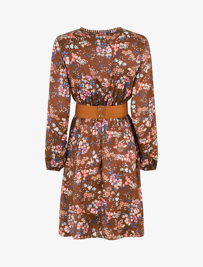 Robe satinée fleuri col cache-coeur - Marron - 2