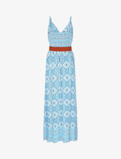Robe longue empire à imprimé foulard - Bleu - 2
