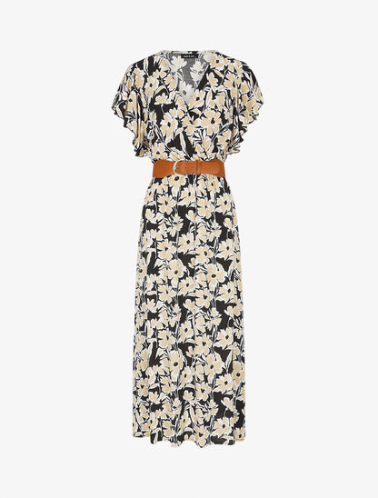 Robe longue empire à manches volantées - Noir - 1