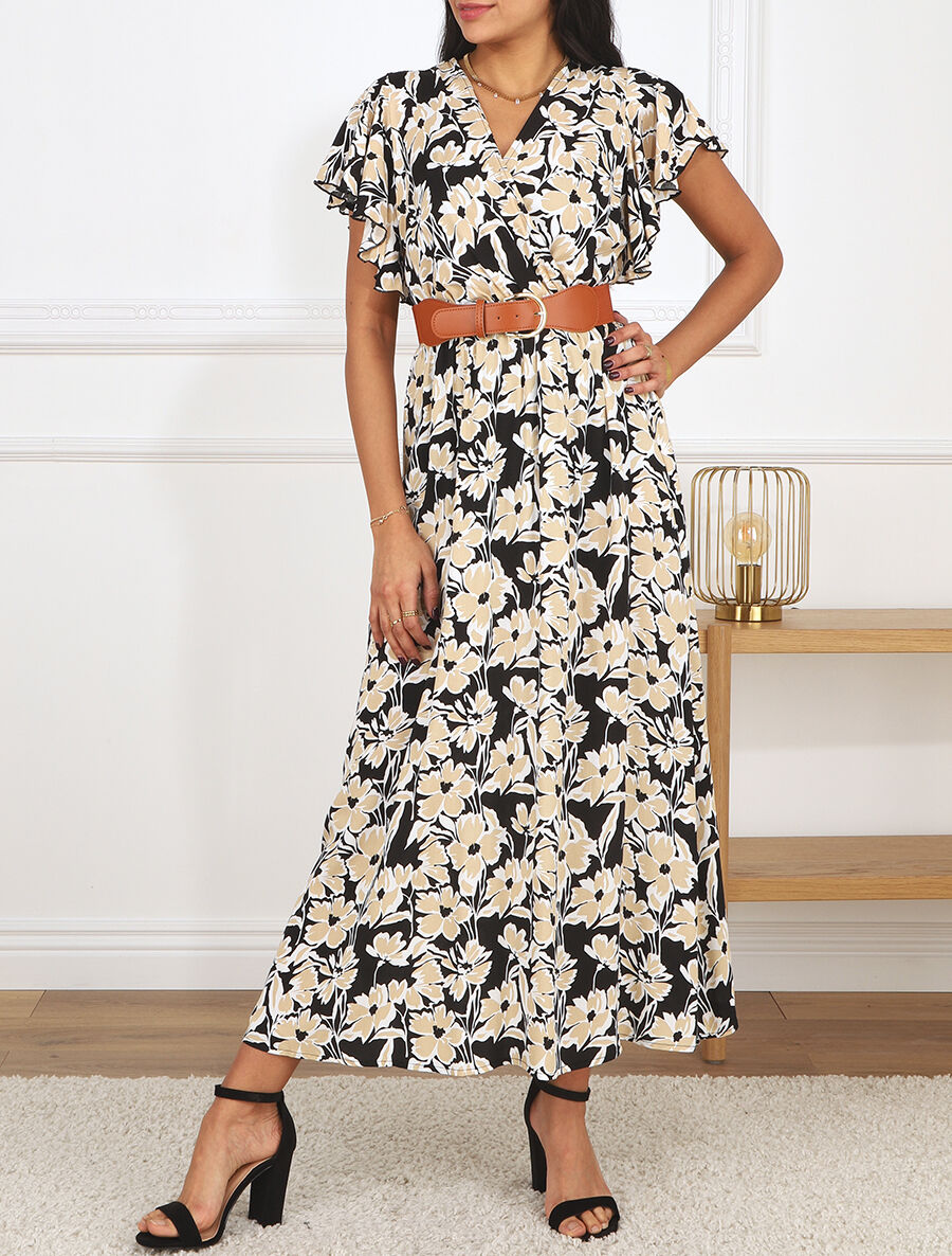 Robe longue empire à manches volantées - Noir - 4