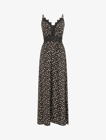 Robe longue à col dentelle et imprimé fleurs - Noir - 1