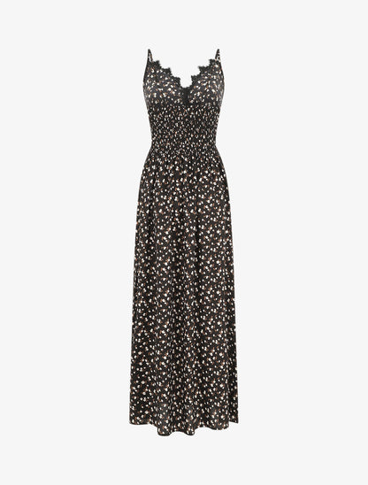 Robe longue à col dentelle et imprimé fleurs - Noir - 2