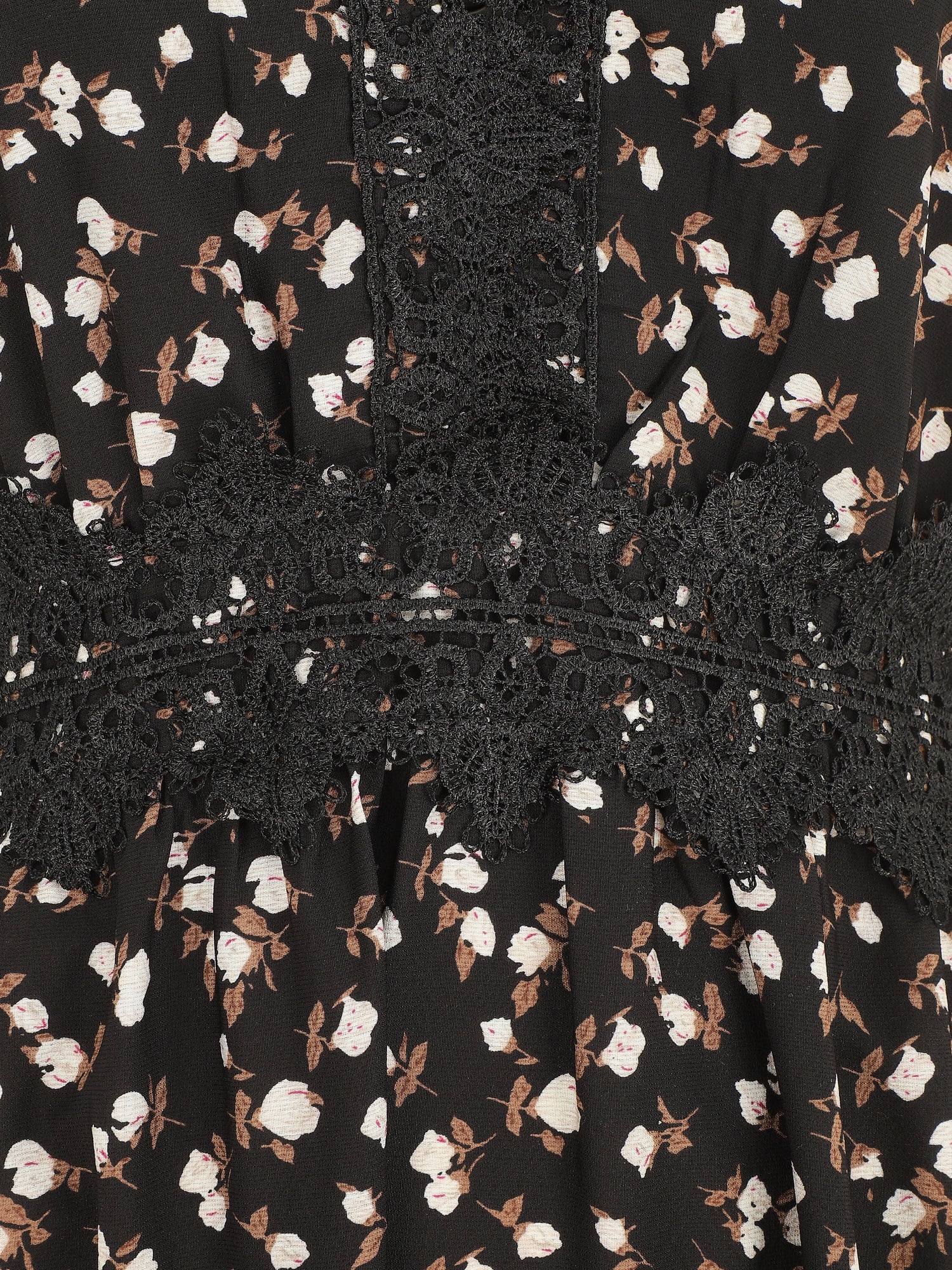 Robe longue à col dentelle et imprimé fleurs - Noir - 3