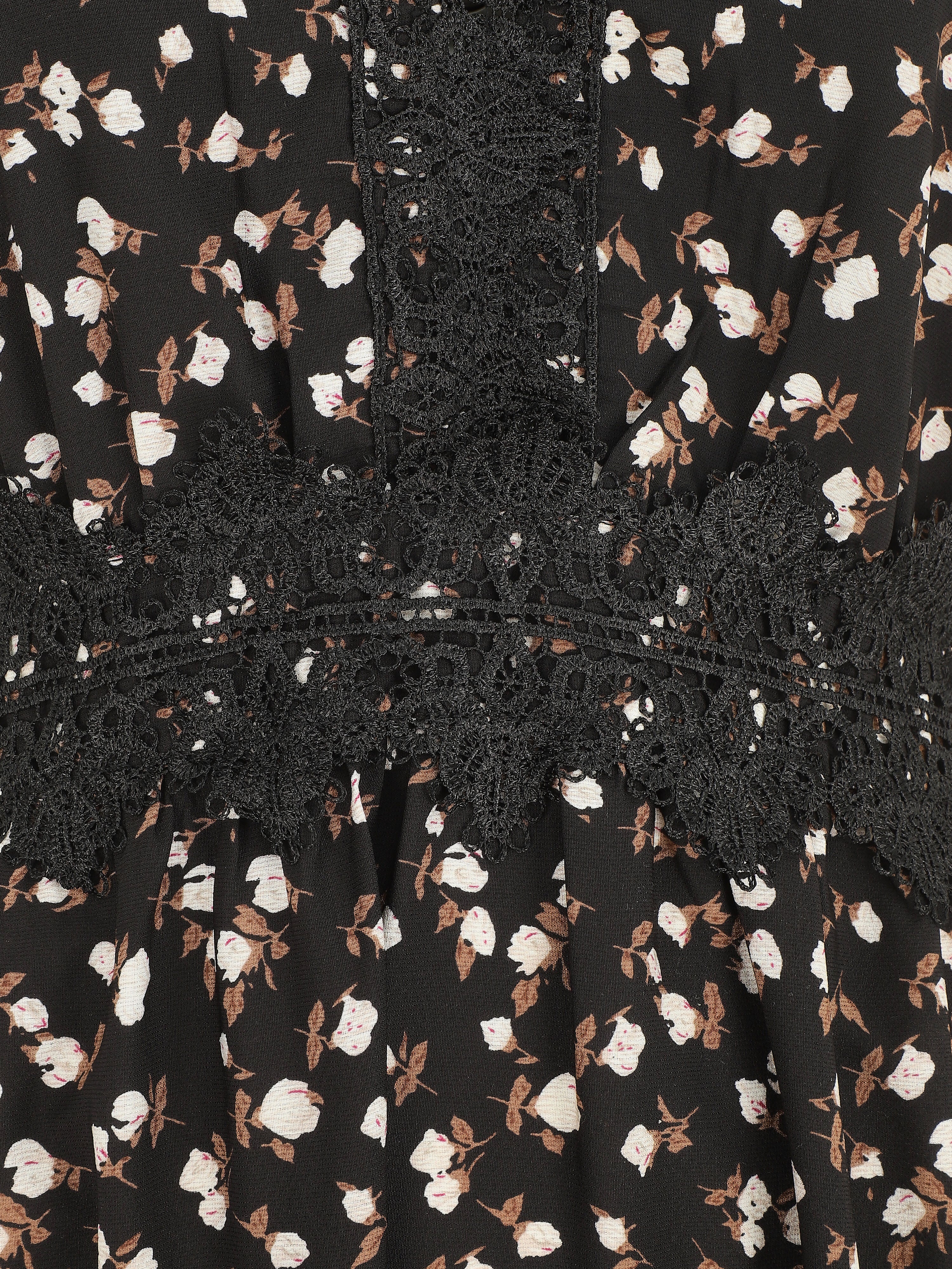 Robe longue à col dentelle et imprimé fleurs - Noir - 3