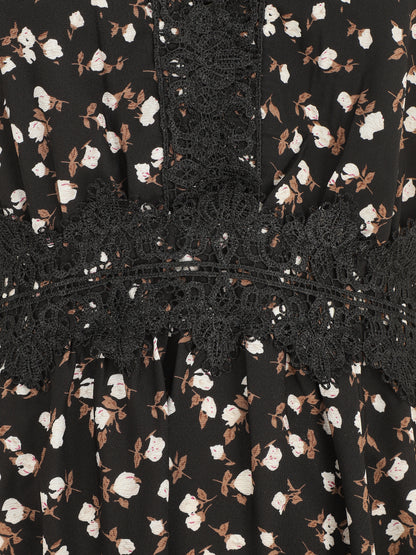 Robe longue à col dentelle et imprimé fleurs - Noir - 3