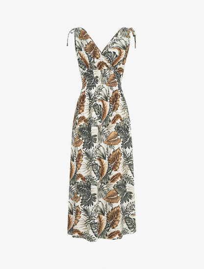 Robe longue élastiquée à imprimé feuilles - Blanc - 1