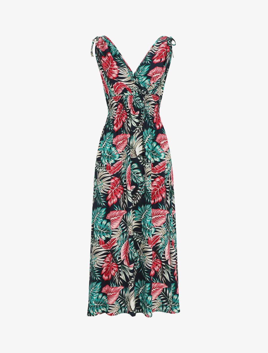 Robe longue élastiquée à imprimé feuilles - Bleu nuit - 5