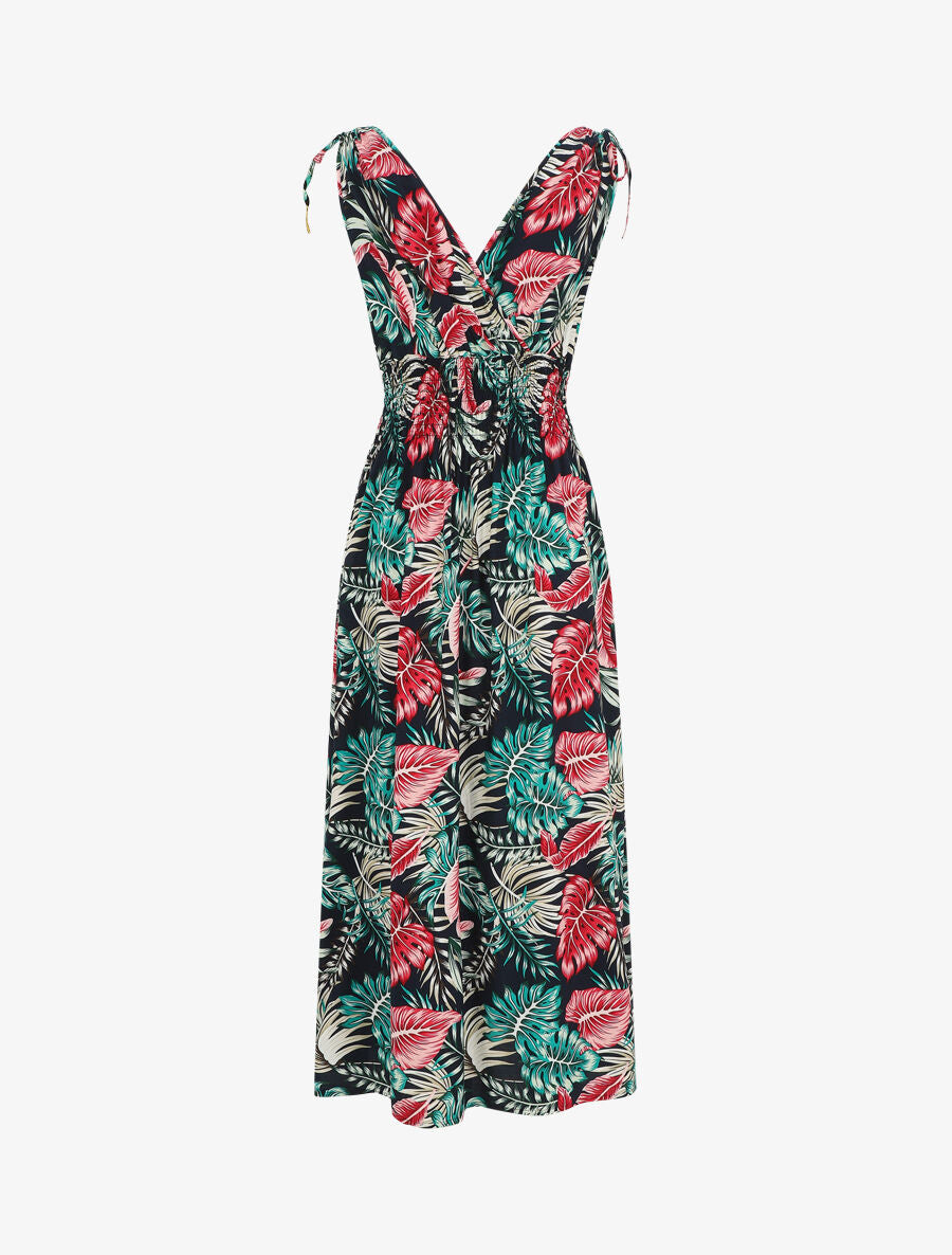 Robe longue élastiquée à imprimé feuilles - Bleu nuit - 2
