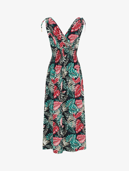 Robe longue élastiquée à imprimé feuilles - Bleu nuit - 2