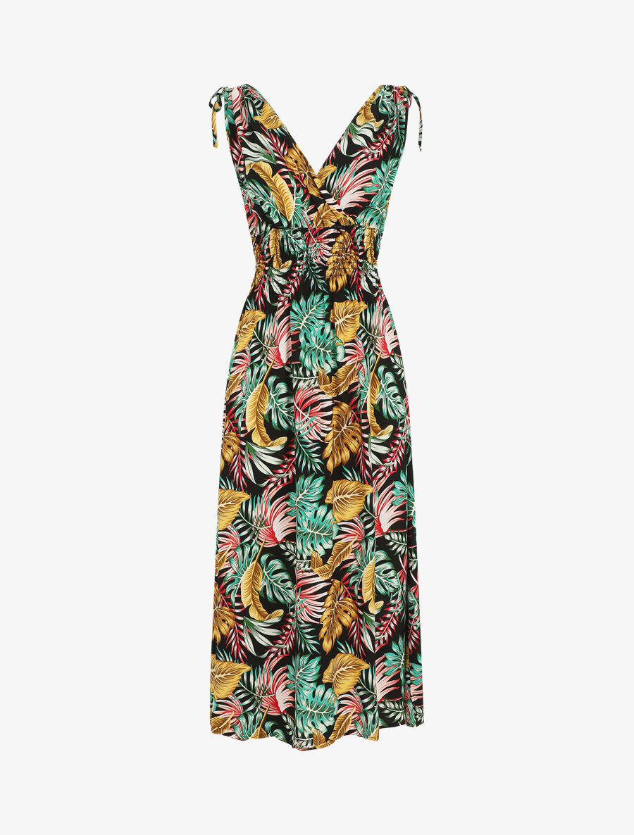 Robe longue élastiquée à imprimé feuilles - Noir - 5