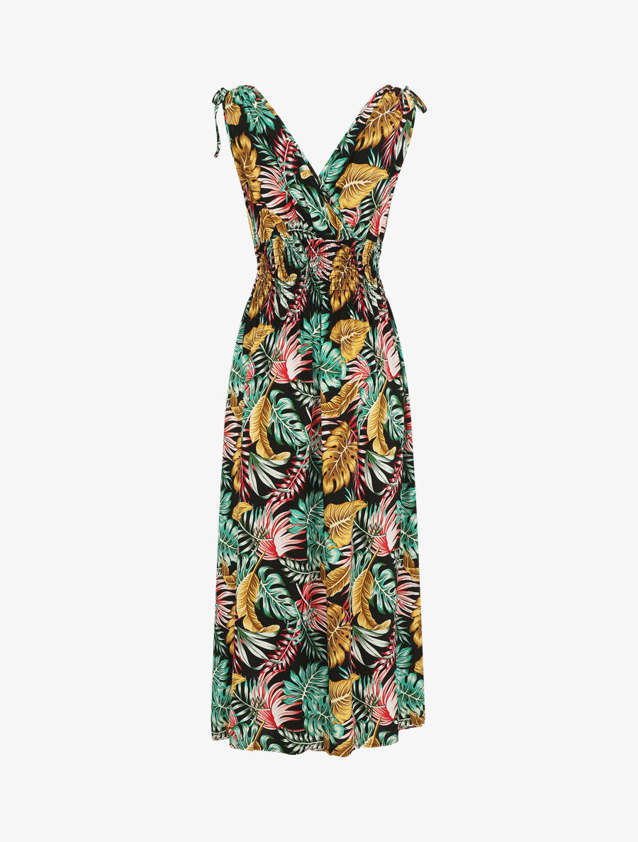 Robe longue élastiquée à imprimé feuilles - Noir - 2