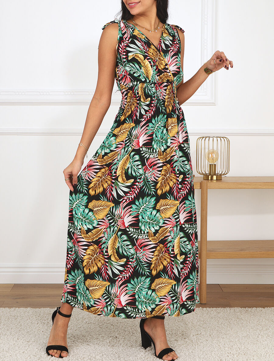 Robe longue élastiquée à imprimé feuilles - Noir - 4