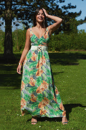 Robe longue élastiquée imprimé feuilles - Blanc - 5