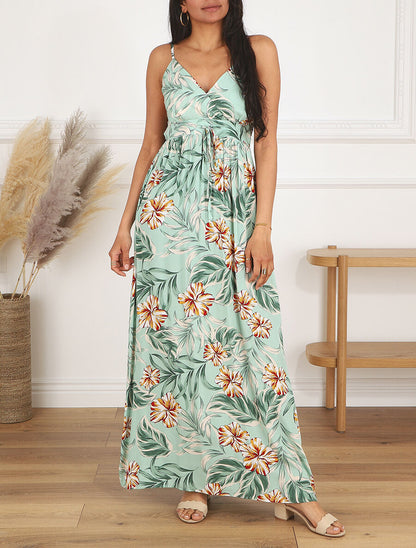 Robe longue empire imprimé fleurs des îles - Vert d&