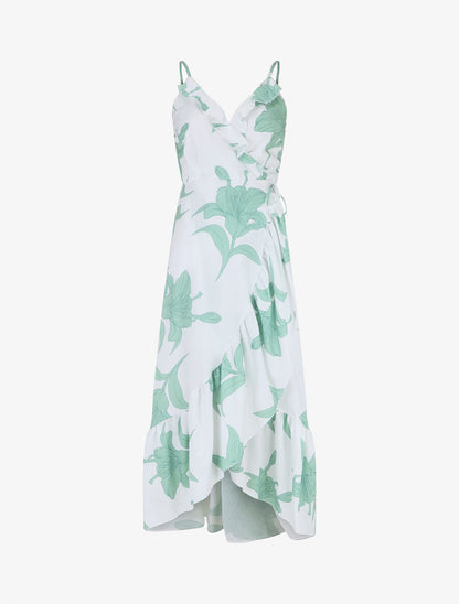 Robe longue asymétrique à imprimé grandes fleurs - Blanc - 5