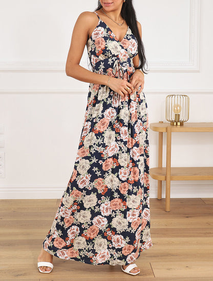 Robe longue imprimé multi-fleurs - Marine - 4