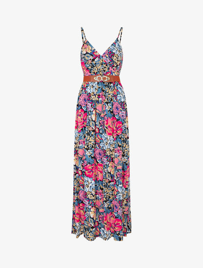 Robe longue empire imprimé fleuri - Noir - 4