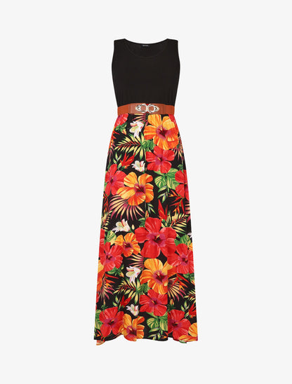 Robe longue bicolore imprimé tropical - Noir - 4