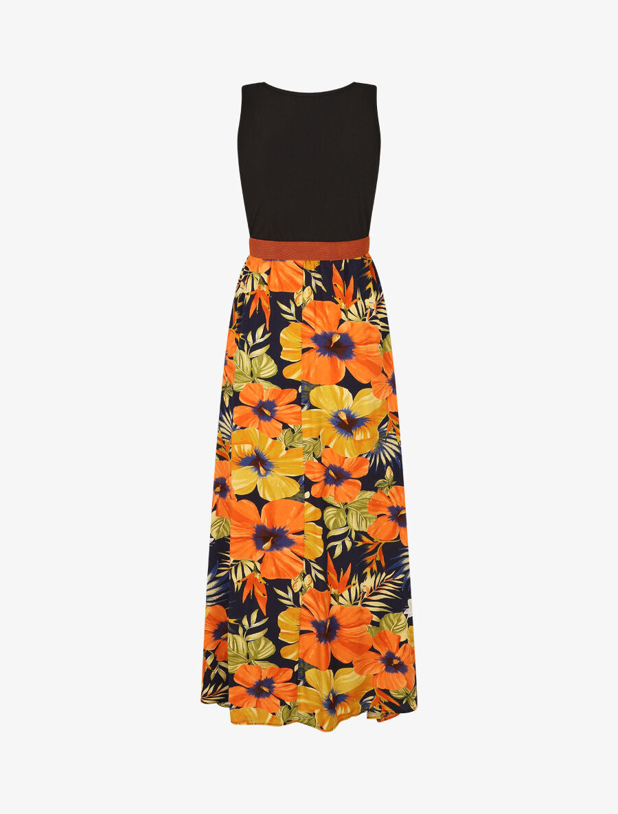 Robe longue bicolore imprimé tropical - Marine - 2