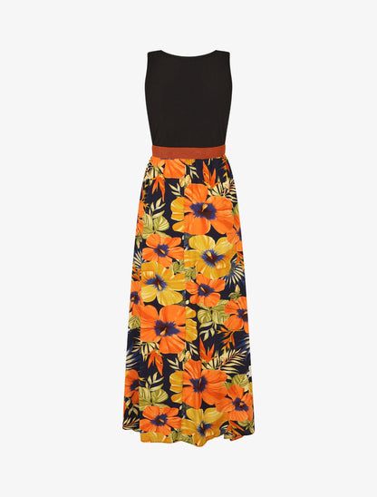 Robe longue bicolore imprimé tropical - Marine - 2